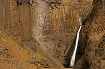 Litlanesfoss waterfall flowing past basalt lava solidified in hexagonal columns, Hengifossa river, Iceland, August 2008