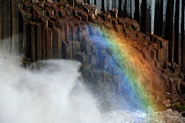 Basalt columns and a rainbow in spray from the Aldeyjarfoss waterfall, Iceland, September 2010