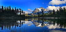 Mt. Shuksan with a line of Douglas firs (Pseudotsuga menziesii) mirrored on Picture Lake, North Cascades National Park, Mt. Baker Recreatation Area, Washington, USA, January 2009. Stiched panorama.