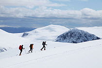 Three hikers walking up a snow covered hillside Cairngorm National Park, Scotland, UK, April 2012. 2020VISION Exhibition.