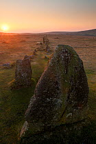 Merrivale ancient Stone Row at sunset, Dartmoor National Park, Devon, UK, March 2012.