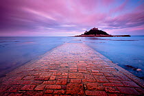 Scenic view of St Michaels Mount from the causeway, in early morning light, Marazion, West Cornwall, UK, September 2011.