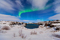 Northern lights / Aurora borealis over snowy landscape, Iceland, Europe, March 2012