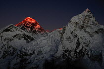 The last light of day illuminating the summit of Mount Everest, Sagarmatha National Park, Khumbu, Himalayas, Nepal, October 2011.