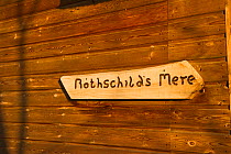 Sign on bird hide over looking Rothschild's Mere at Woodwalton Fen, Cambridgeshire Fens, UK, December