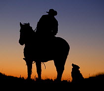 Silhouette at dawn of Cowboy, horse and dog, Wyoming, USA, February 2012, model released