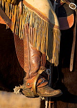 Detail of boots, stirrup and spurs of cowboy, Wyoming, USA, model released