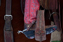Detail of boots, stirrup and spurs of cowboy, Wyoming, USA, model released