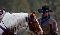 Cowboy and horse, Wyoming, USA, February 2012, model released