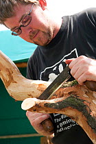 Volunteer working on wood at the Birmingham EcoPark, a Black Country Living Wildlife Trust education centre in Small Heath, West Midlands, July 2011. Model released.