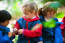 Children from Rowley View Nursery School exploring nature at the Moorcroft Environmental Centre Forest School, Moorcroft Wood, Moxley, Walsall, West Midlands, July 2011.