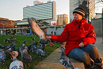 Young woman feeding Feral pigeons (Columba livia), Manchester, England, UK, February. Model released.