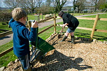 Volunteers putting in woodchip paths in commmunity farm, part of Swansea city Council environmental work to create a green city, April 2009.