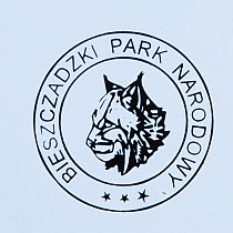 Eurasian lynx (Lynx lynx) portrait on the logo of Bieszczady National Park, Poland, September 2011