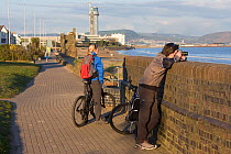 Couple enjoying cycle track alongside beach in urban environment, Swansea Bay, Wales, UK 2009