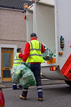 Swansea city council recycling team collecting domestic recycled materials in urban terraced house area, Hafod Swansea, Wales, UK 2009