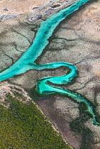 Aerial view of coastline and estuary of island of the Bahamas archipelago, Caribbean, February 2012