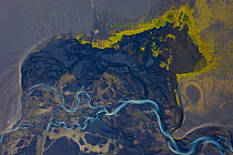 Aerial view of River Tungnaa flowing over wetlands, with melt water from the Vatnajojull glacier, Iceland