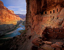 Nankoweap Graineries with Colorado River winding through canyon below, Grand Canyon National Park, Arizona, USA