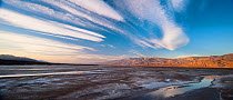 Salt formations in valley floor, with spring fed streams winding along valley floor at dawn, Death Valley National Park, Mojave Desert, California, USA