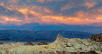 Zabriskie Point at dawn with the Panamint Mountains in background, Death Valley National Park, Mojave Desert, California, USA