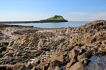 Limestone rocks, boulders, rockpools and causeway linking the Worm's head to the mainland exposed at low tide, Rhossili, The Gower peninsula, Wales, UK, July. Sequence 1 of 3, matching views at differ...