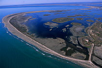 Aerial view of the Beauduc coast and beach, inland salt pans have been abandoned as the seawater flows onto the land more and more frequently, Salin de giraud, Camargue, Southern France
