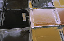 Aerial view of old basins used for concentrating magnesium sulphate (MgSO4) in salt pans, Salin de Giraud, Camargue, Southern France