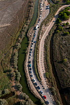 Aerial view of traffic queueing on road to reach / leave the Espiguette beach in summer, Aigues-Mortes, Camargue, Southern France, August 2008