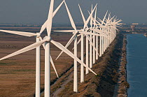 Aerial view of wind turbines of wind farm on the Camargue, Port Saint Louis du Rhone, Southern France, September 2008