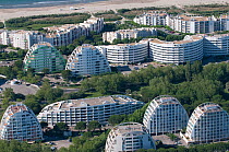 Aerial view of modern achitecture housing designed by Balladur at La Grande Motte, Port Camargue, Southern France, June 2008. No release available.