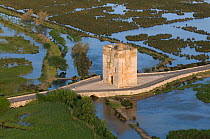 Aerial view of old gateway tower in Aigues-Mortes marshes controlling salt sale and transport in the Middle Ages, Camargue, Southern France, May 2009