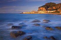 View across the sea towards Cefalu, Sicily, Italy