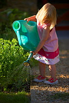 Young girl watering garden, Dorset, England, UK. July 2005. Model released