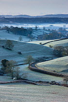 Frost covered grass fields near village of Oborne, Dorset, England, UK. February 2012.