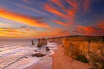 The moon over the eroded coastline of the Twelve Apostles at dusk, Port Campbell National Park, Great Ocean Road, Victoria, Australia. February 2006.