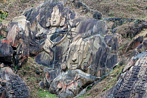 Archeological site (7th- 9th century) and Shiva pilgrimage site (Hinduism): rock carving depicting Laxman and Ram or Rama. Unakoti, Tripura, India, March 2012.