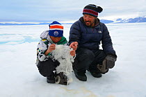 Inuit man showing  his son fur from a moulting young Bearded seal (Erignathus barbatus), Ellesmere Island, Nanavut, Canada, June 2012.
