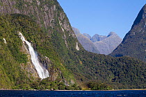 Bowen Falls (160m) with the Cleddau Valley extending beyond, Milford Sound, Fiordland,South Island,  New Zealand