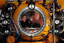 Barbara Lich editor from GEOlino and Solvin Zankl inside the submersible JAGO. Solvin Zankl is photographing cold water corals on board RV POSEIDON for three weeks, going down to 200m to visit the Sul...