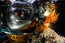 Submersible JAGO surfacing with deepsea coral samples from Sula Reef off the coast of Norway. Chief Scientist Dr. Armi (left) from GEOMAR Kiel and pilot Jürgen Schuaer (right) September 2011, editori...
