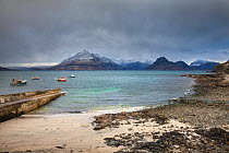 View of the Cuillin Hills across Loch Scavaig from Elgol Beach. Isle of Skye, Inner Hebrides, Scotland, UK, March 2012.