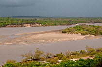 At low tide sand and mud is exposed in the tidal waterways with Mangrove forests lining the waterways, Tana River delta, Kenya, East Africa 2010