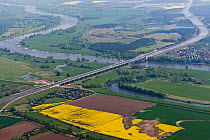 Aerial view of crossing near Magdeburg of an artificial watercourse/ viaduct bridge  crossing the Elbe River. Saxony-Anhalt, Germany, May 2012.