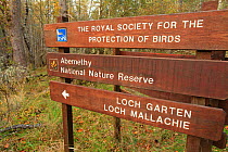Sign to Loch Garten and Loch Mallachie at RSPB  Abernethy National Nature Reserve, Cairngorms National Park, Scotland, UK