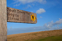 South Downs Way long distance footpath signpost to Birling Gap at Seven Sisters Country Park, South Downs, England.