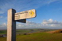 South Downs Way long distance footpath signpost to Birling Gap at Seven Sisters Country Park, South Downs, England.
