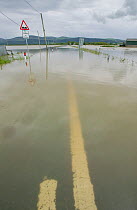 Road Borth to Talybont flooded by River Leri, Ceredigion, Wales, UK, June 10th 2012