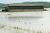 Flooded agricultural land with building and soft track machine, in Talybont caused by 5'' rain in 2 days and subsequent bursting of banks of River Leri , June 10th 2012, Ceredigeon, Wales, UK