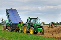 UK farming, commercial potato growing, tractor with potato planter being refilled from trailer, tractors with stone picking machines in distance, Norfolk, UK, May